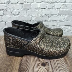 Dansko Size 42 Antique Tooled Embossed Leather Clog Nursing Medical Black Gold
